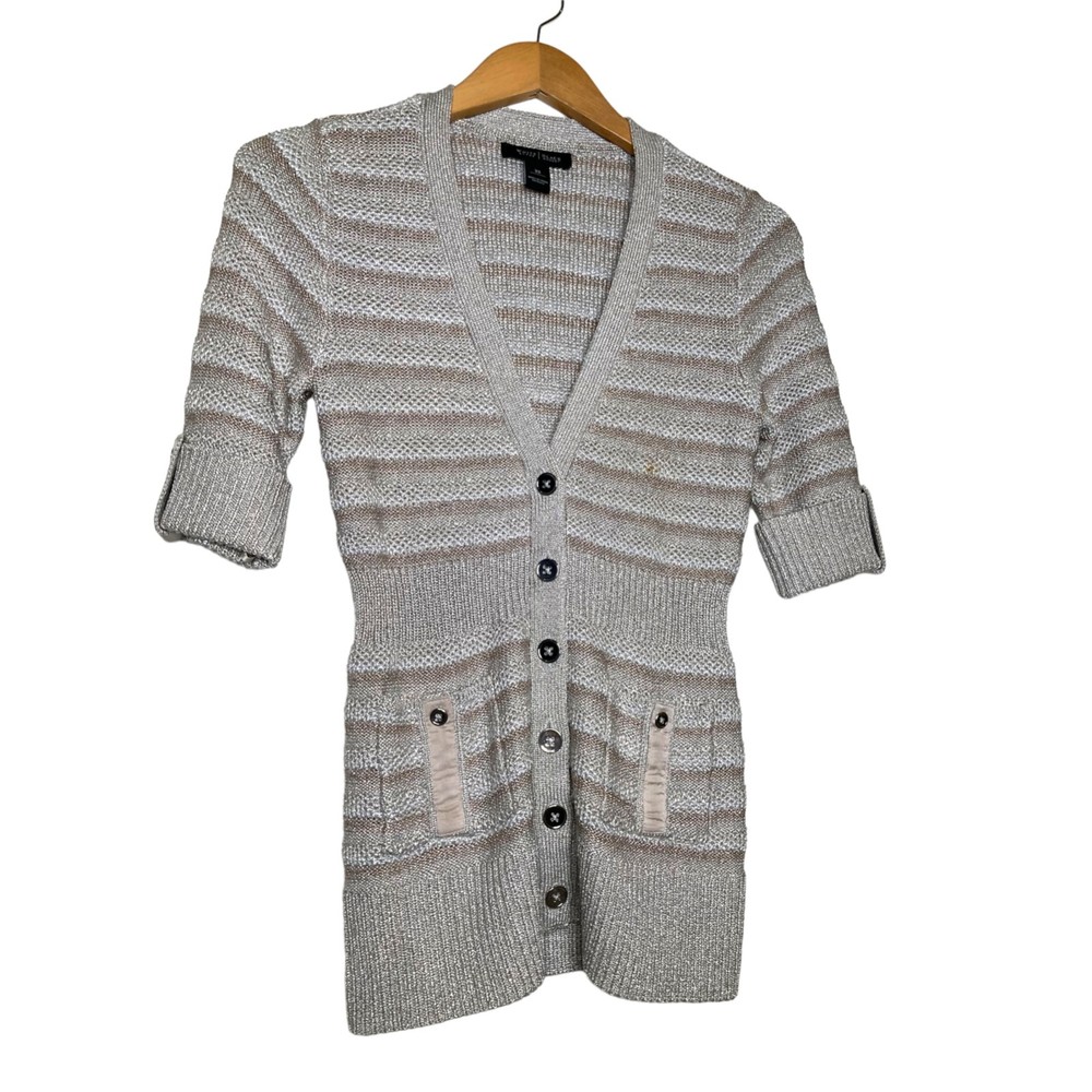White House Black Market Metallic Striped Cardigan Sweater Gold Silver XS Button